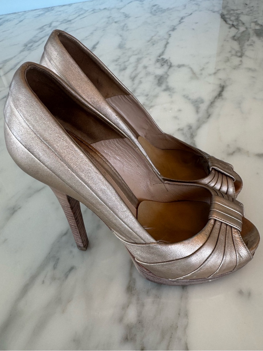 Fendi Metallic Champagne Peep-Toe High Heel Pumps